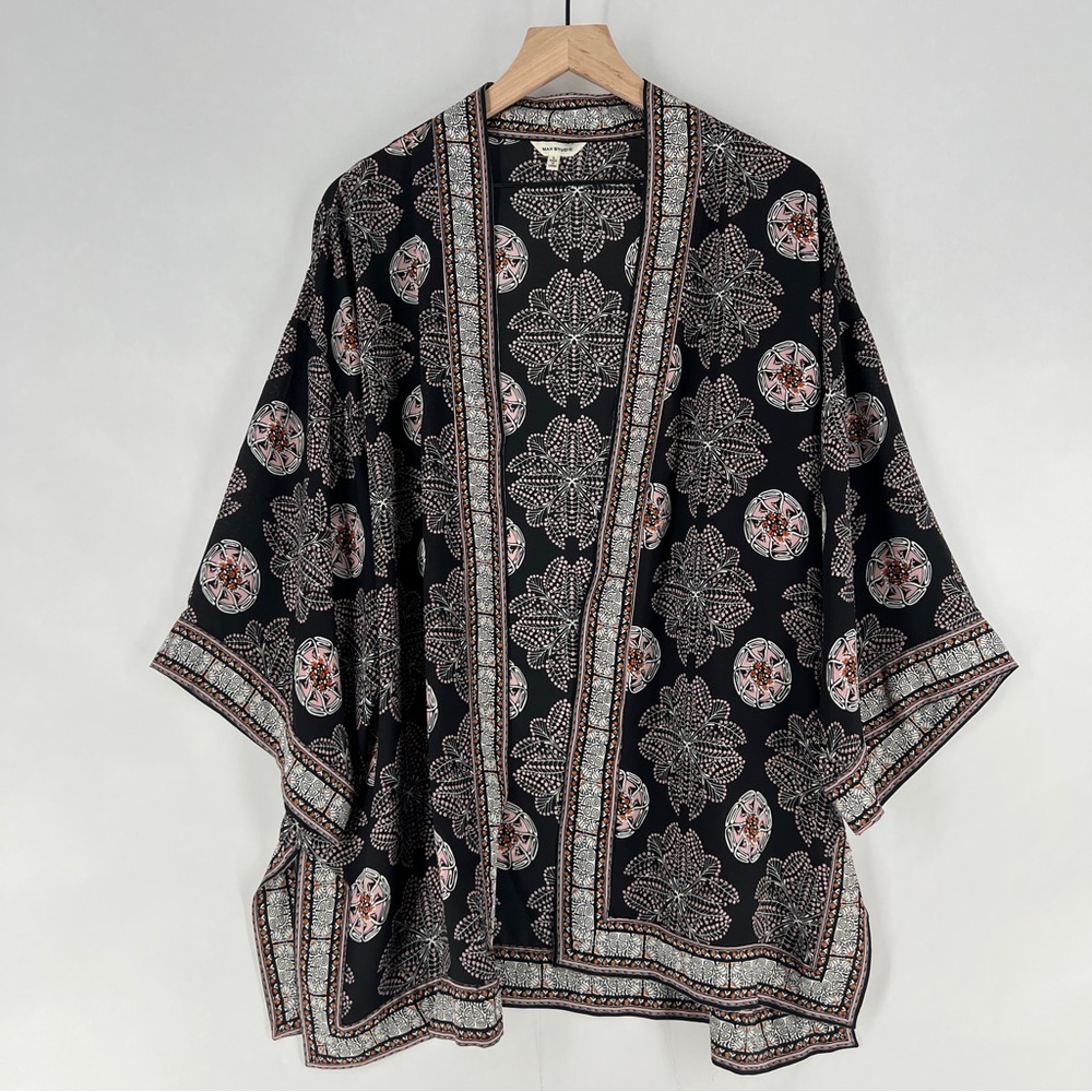 Max Studio Floral Print Chiffon Open Front 3/4 Sleeve Kimono Topper Lightweight